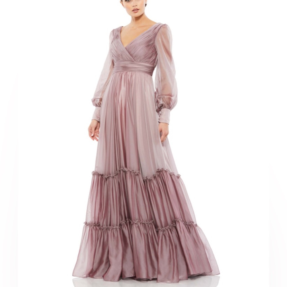 Mac Duggal Dusty Rose Long Sleeve Tiered Maxi Dress